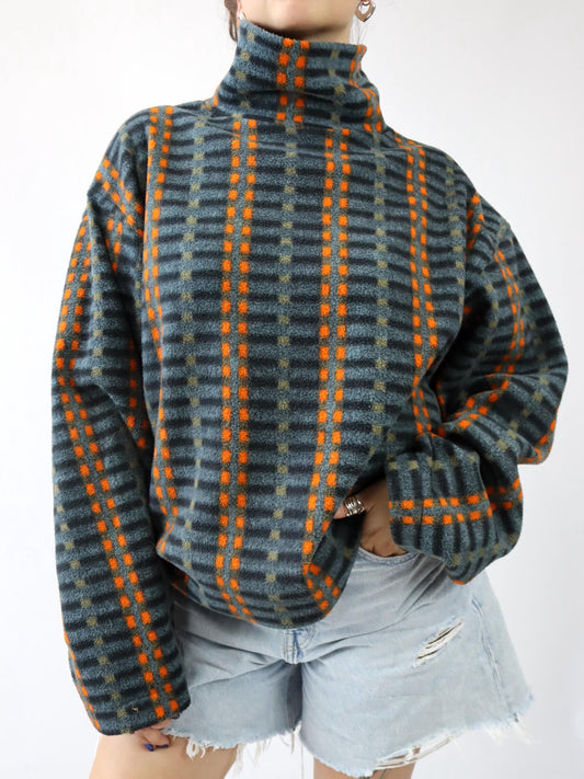 Vintage 80er 90er RODEO Fleecepullover Stehkragen crazy pattern orange grau L