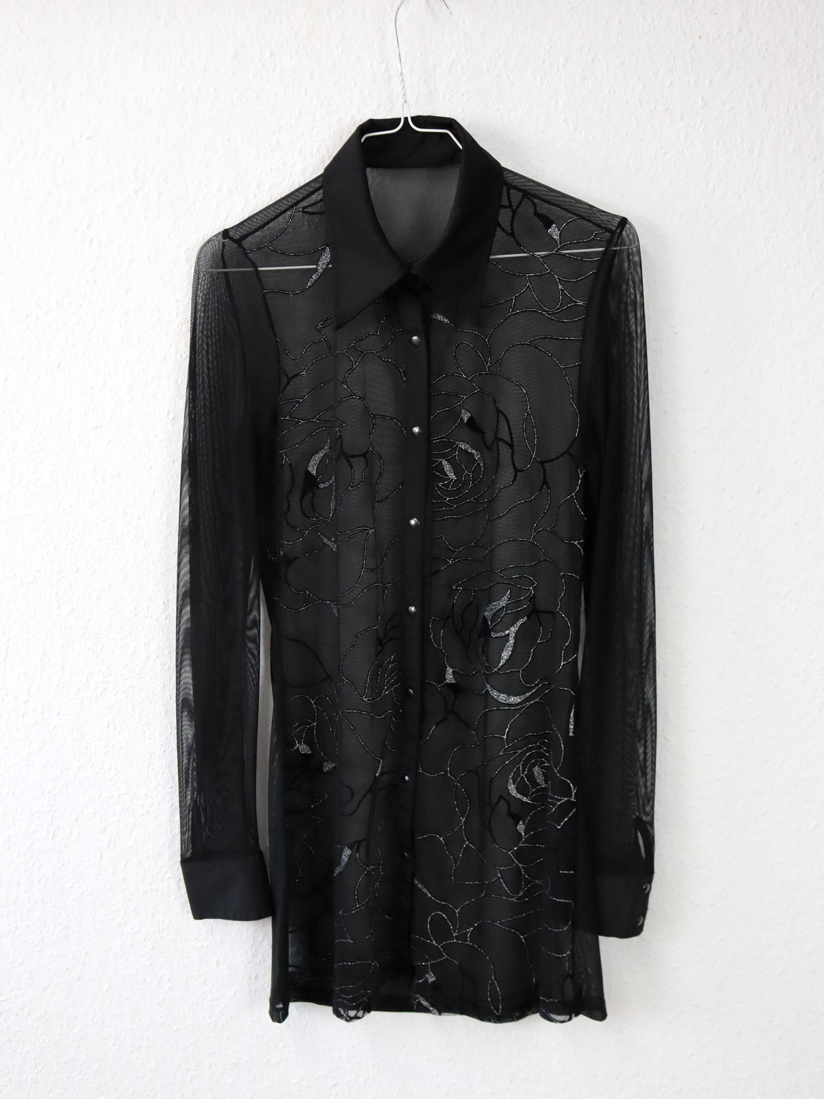 Vintage 80er 90er Bluse langarm Mesh Stickerei schwarz silber Glitzer S