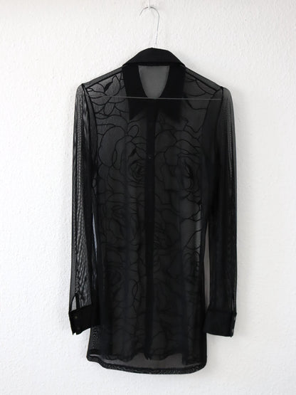 Vintage 80er 90er Bluse langarm Mesh Stickerei schwarz silber Glitzer S