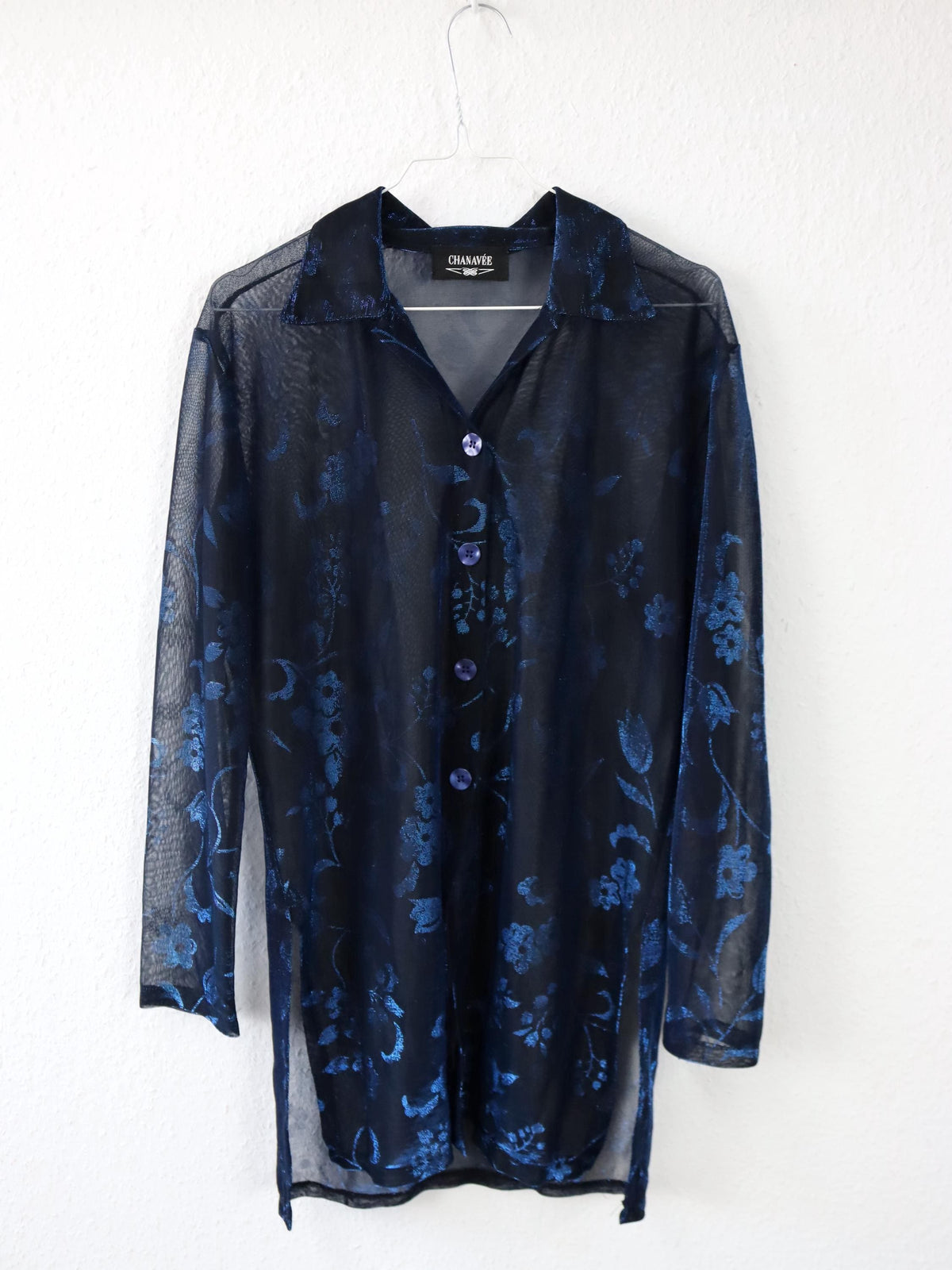 Vintage 80er 90er CHANAVEE Bluse langarm Mesh blau schwarz Metallic L