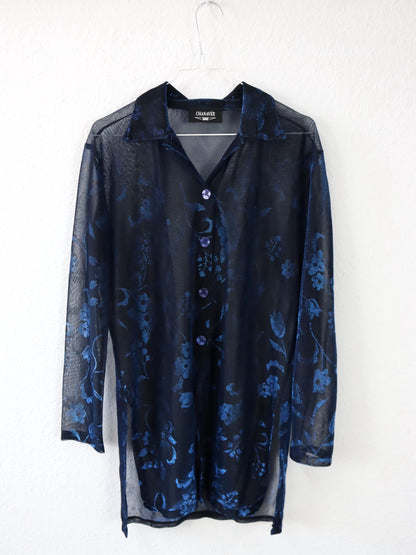 Vintage 80er 90er CHANAVEE Bluse langarm Mesh blau schwarz Metallic L
