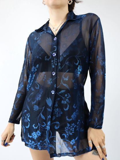 Vintage 80er 90er CHANAVEE Bluse langarm Mesh blau schwarz Metallic L