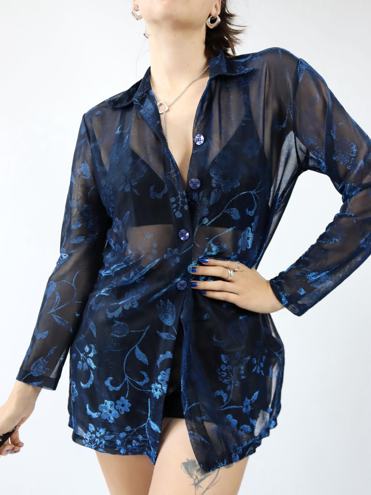 Vintage 80er 90er CHANAVEE Bluse langarm Mesh blau schwarz Metallic L