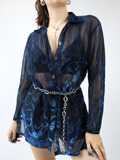 Vintage 80er 90er CHANAVEE Bluse langarm Mesh blau schwarz Metallic L