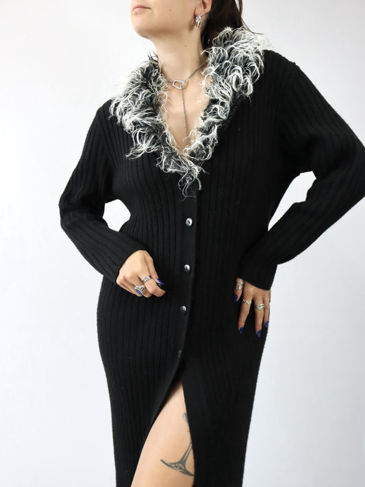 Vintage 80er 90er YOUNG FASHION Cardigan lang mantel Kragen schwarz grau 38/40
