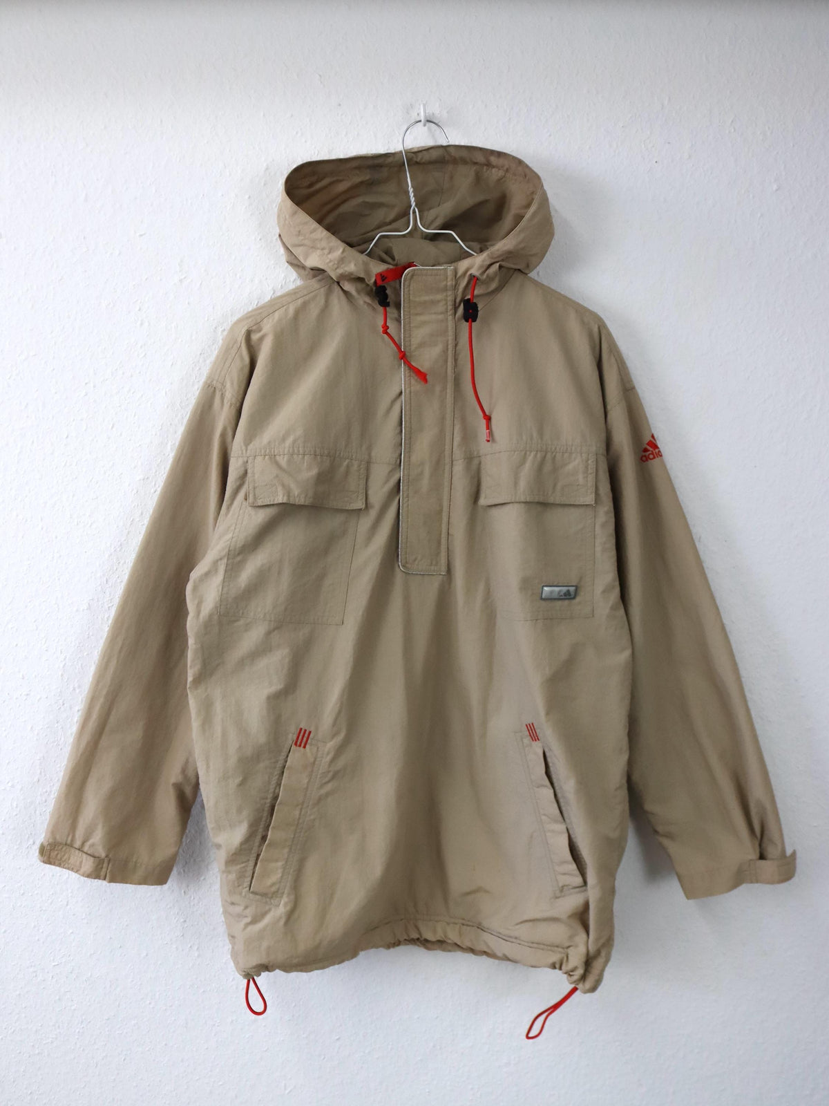 Vintage 80er 90er ADIDAS Windbreaker Überziehjacke Jacke Fleece Kapuze beige 176 S/M