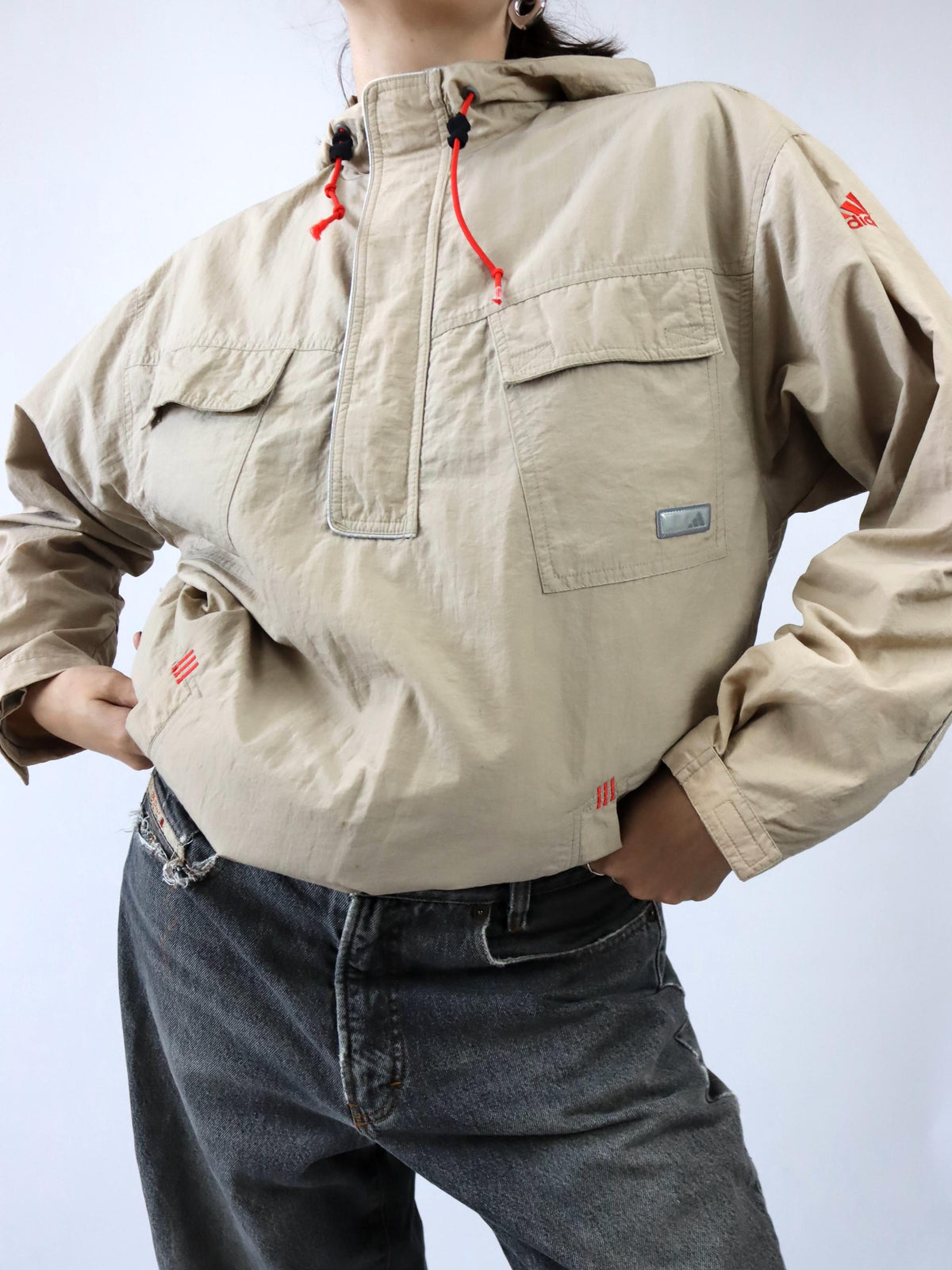 Vintage 80er 90er ADIDAS Windbreaker Überziehjacke Jacke Fleece Kapuze beige 176 S/M