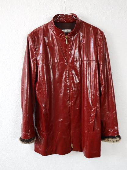 Vintage 80er 90er KALB Kunstlederjacke Jacke Mantel rot abnehmbares Lammfell 40