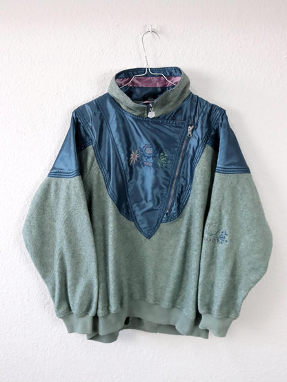 Vintage 80er 90er AMERICAN Fleecepullover Pullover blau altrosa Stehkragen Stickerei M/L