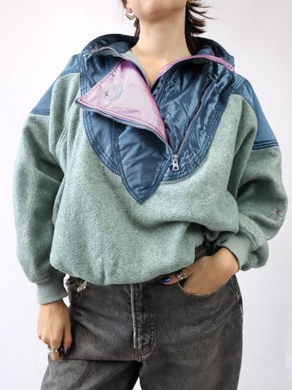 Vintage 80er 90er AMERICAN Fleecepullover Pullover blau altrosa Stehkragen Stickerei M/L