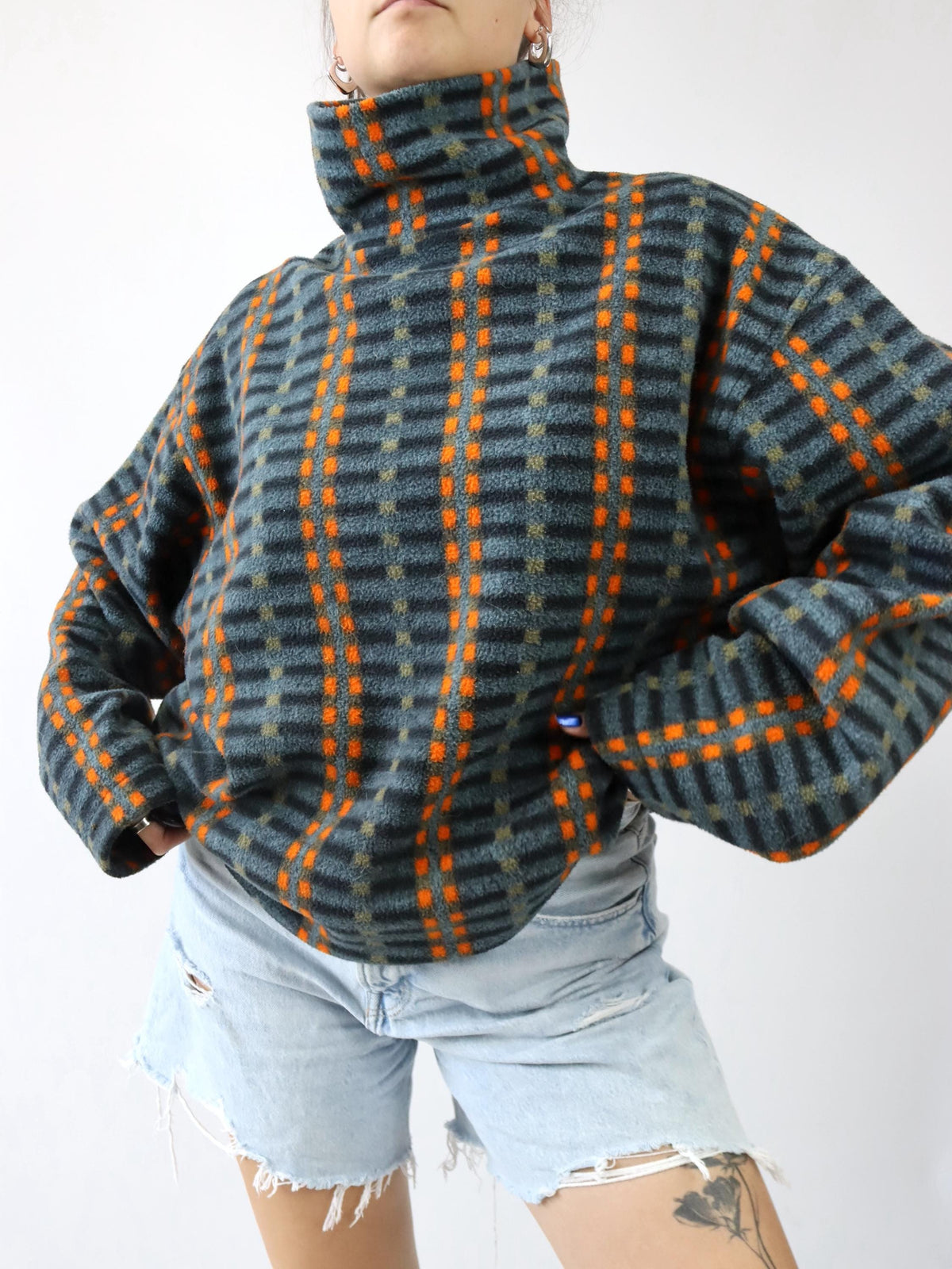 Vintage 80er 90er RODEO Fleecepullover Stehkragen crazy pattern orange grau L