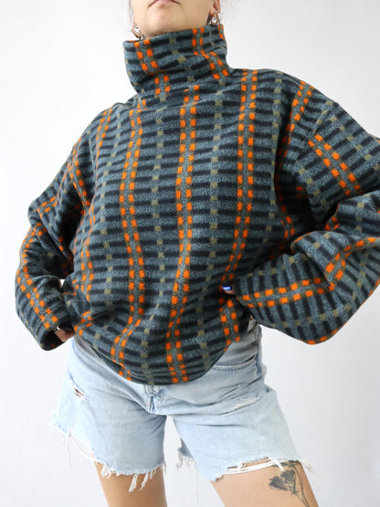 Vintage 80er 90er RODEO Fleecepullover Stehkragen crazy pattern orange grau L