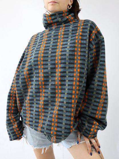 Vintage 80er 90er RODEO Fleecepullover Stehkragen crazy pattern orange grau L