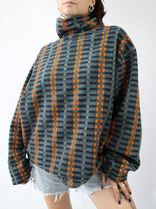 Vintage 80er 90er RODEO Fleecepullover Stehkragen crazy pattern orange grau L
