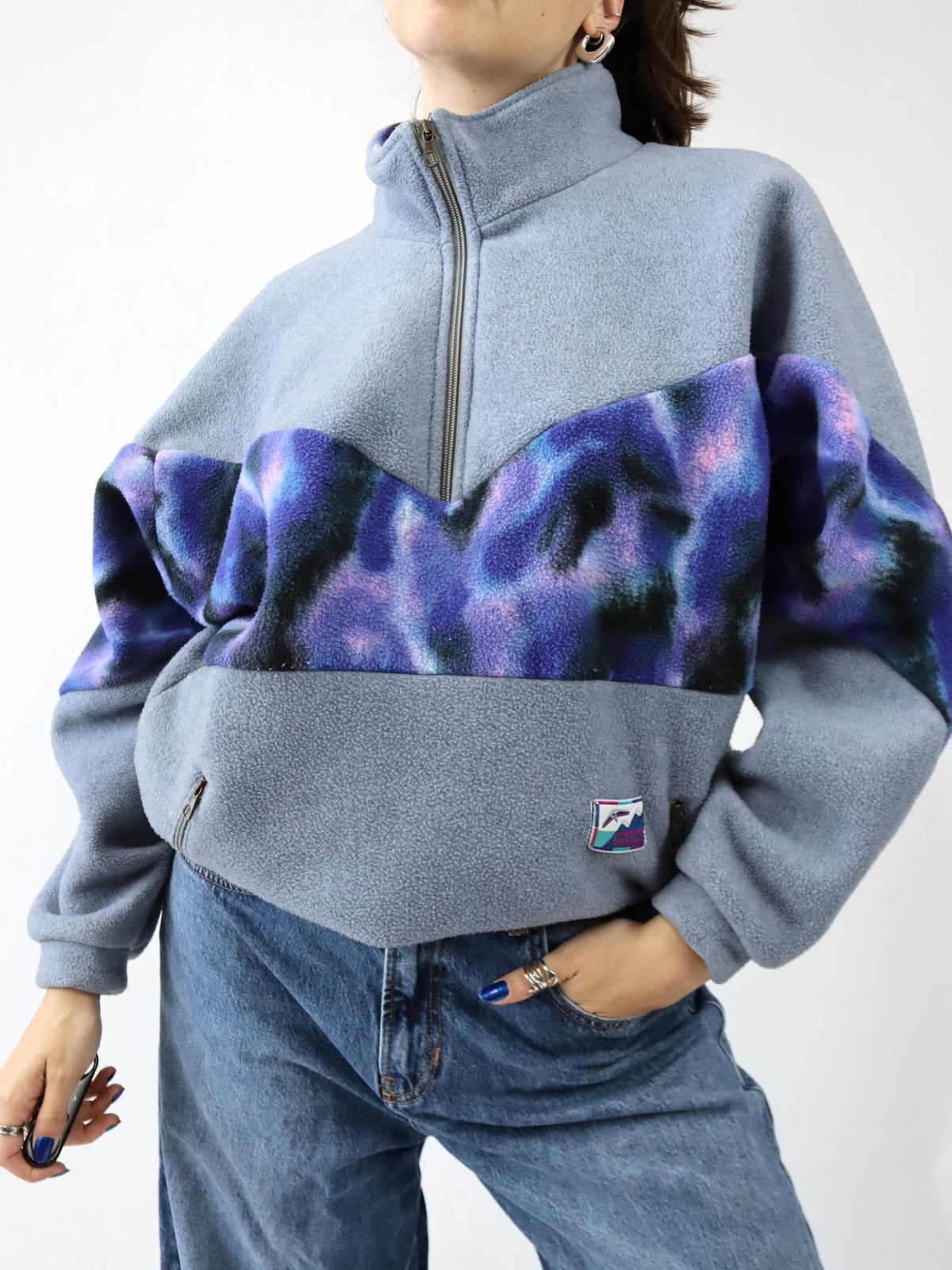 Vintage 80er 90er Fleecepullover Stehkragen crazy pattern grau lila M