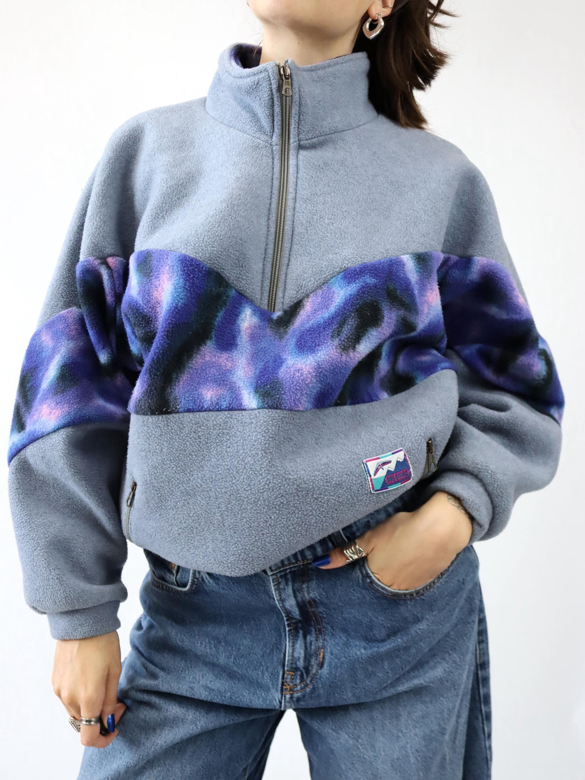 Vintage 80er 90er Fleecepullover Stehkragen crazy pattern grau lila M