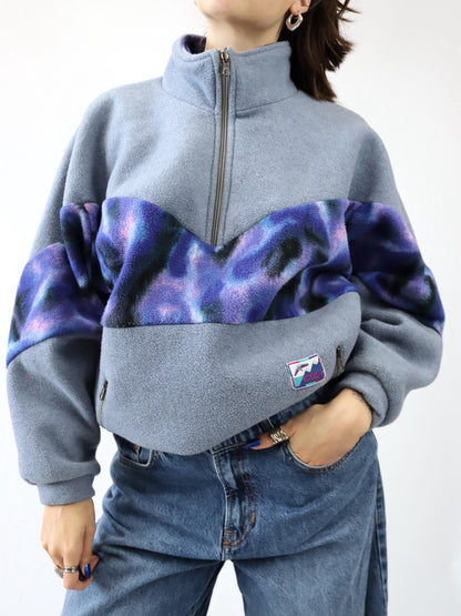 Vintage 80er 90er Fleecepullover Stehkragen crazy pattern grau lila M