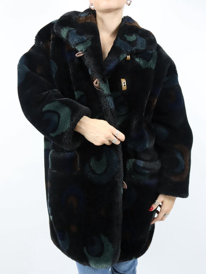 Vintage 80er 90er SKILA Faux Für Mantel gefüttert Jacke Wintermantel crazy pattern 40