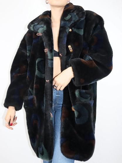 Vintage 80er 90er SKILA Faux Für Mantel gefüttert Jacke Wintermantel crazy pattern 40
