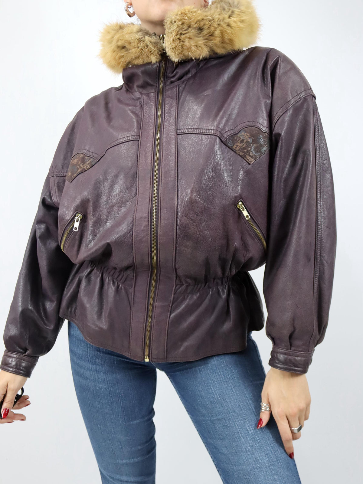 Vintage 80er 90er Lederjacke lila tailliert Kapuze Fellkragen Schulterpolster 38