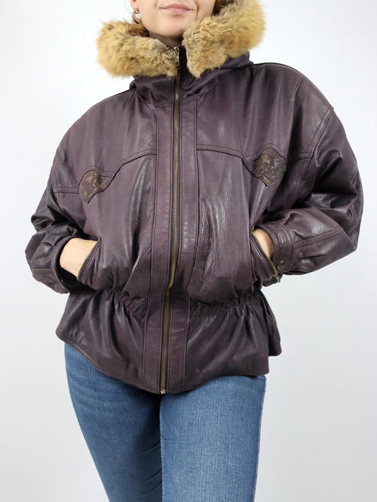 Vintage 80er 90er Lederjacke lila tailliert Kapuze Fellkragen Schulterpolster 38