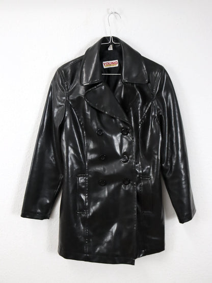 Vintage 80er 90er YOUNG FASHION Mantel Jacke Kunstleder Doppelreihe Kragen glänzend 38