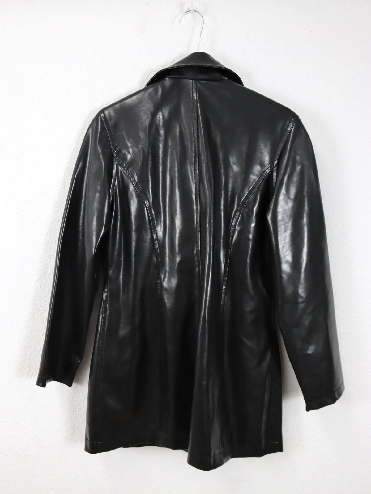 Vintage 80er 90er YOUNG FASHION Mantel Jacke Kunstleder Doppelreihe Kragen glänzend 38