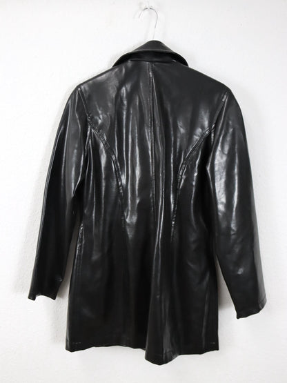 Vintage 80er 90er YOUNG FASHION Mantel Jacke Kunstleder Doppelreihe Kragen glänzend 38