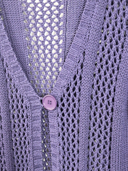Vintage 90er 00er Y2k CREATION Cardigan Lila gehäkelt lang Strickjacke 40
