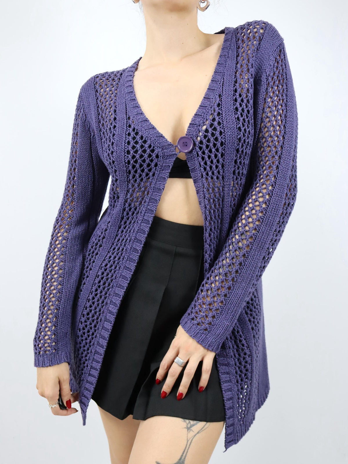 Vintage 90er 00er Y2k CREATION Cardigan Lila gehäkelt lang Strickjacke 40