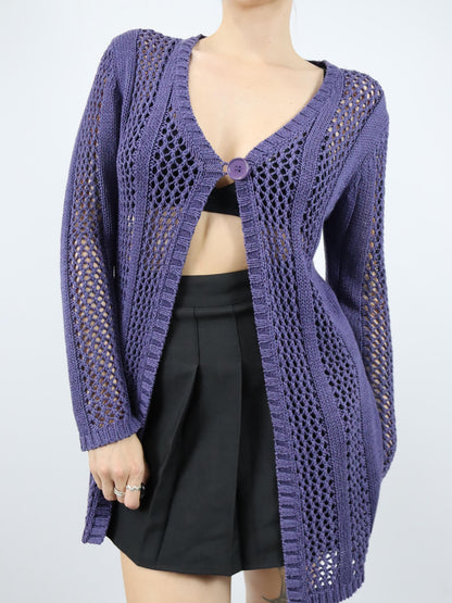 Vintage 90er 00er Y2k CREATION Cardigan Lila gehäkelt lang Strickjacke 40
