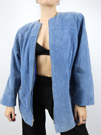 Vintage 80er 90er MISS JOY Lederjacke Wildleder Mantel Schulterpolster blau M