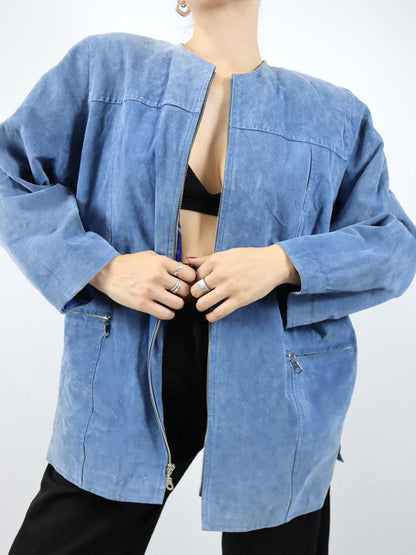 Vintage 80er 90er MISS JOY Lederjacke Wildleder Mantel Schulterpolster blau M