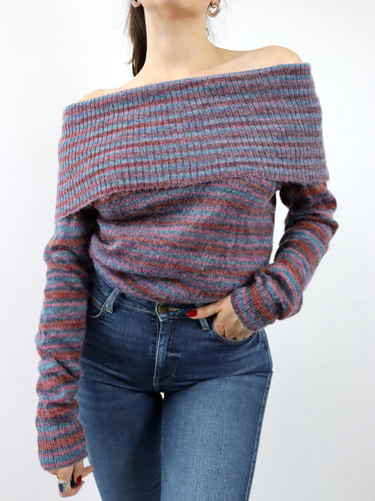 Vintage 90er 00er Y2k Oberteil Pullover Mohair gestreift Carmen Ausschnitt Schulterfrei M