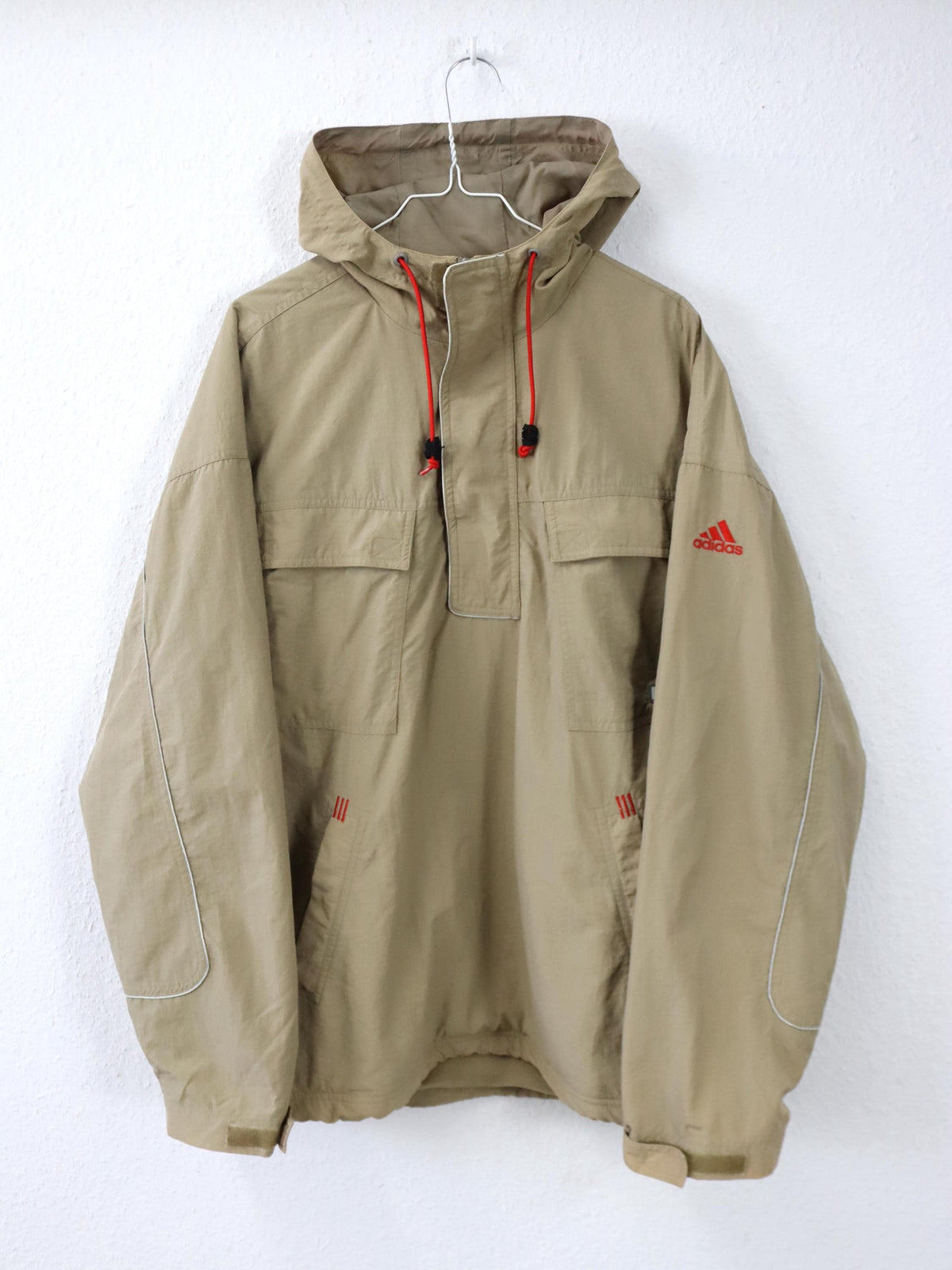 Vintage 80er 90er ADIDAS Windbreaker Jacke Überziehjacke beige Kapuze innen Fleece M