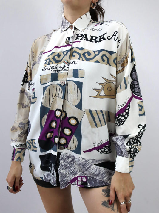 Vintage 80er 90er LAMBERTINO Bluse langarm crazy pattern Viskose 42