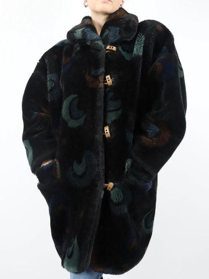 Vintage 80er 90er SKILA Faux Für Mantel gefüttert Jacke Wintermantel crazy pattern 40