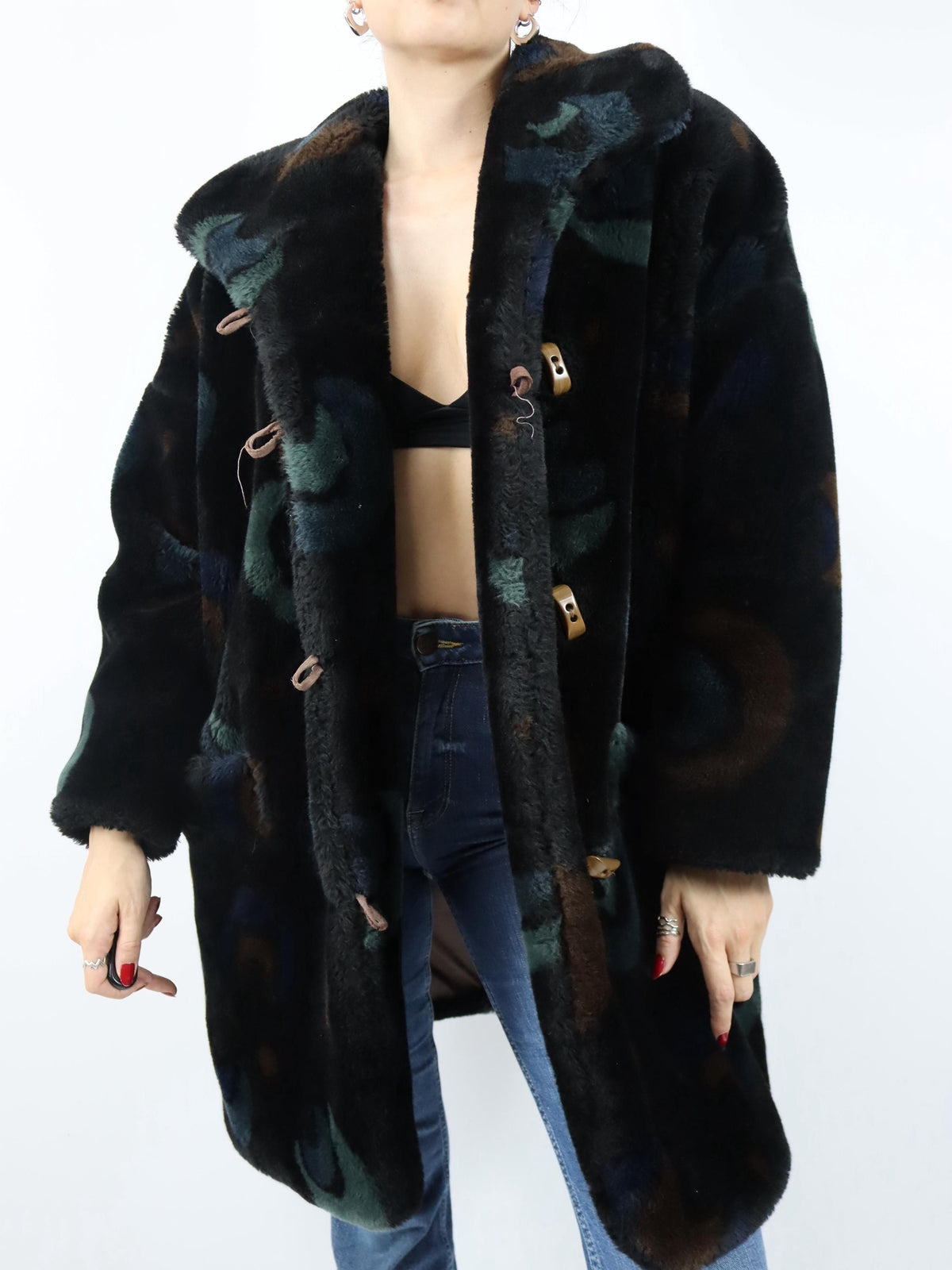 Vintage 80er 90er SKILA Faux Für Mantel gefüttert Jacke Wintermantel crazy pattern 40