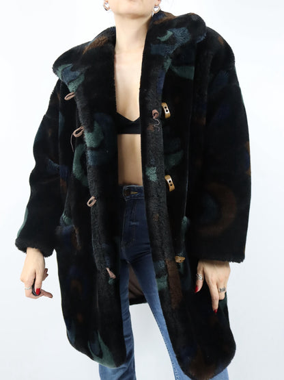 Vintage 80er 90er SKILA Faux Für Mantel gefüttert Jacke Wintermantel crazy pattern 40