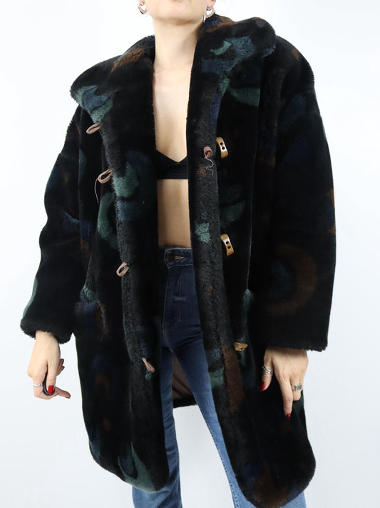 Vintage 80er 90er SKILA Faux Für Mantel gefüttert Jacke Wintermantel crazy pattern 40