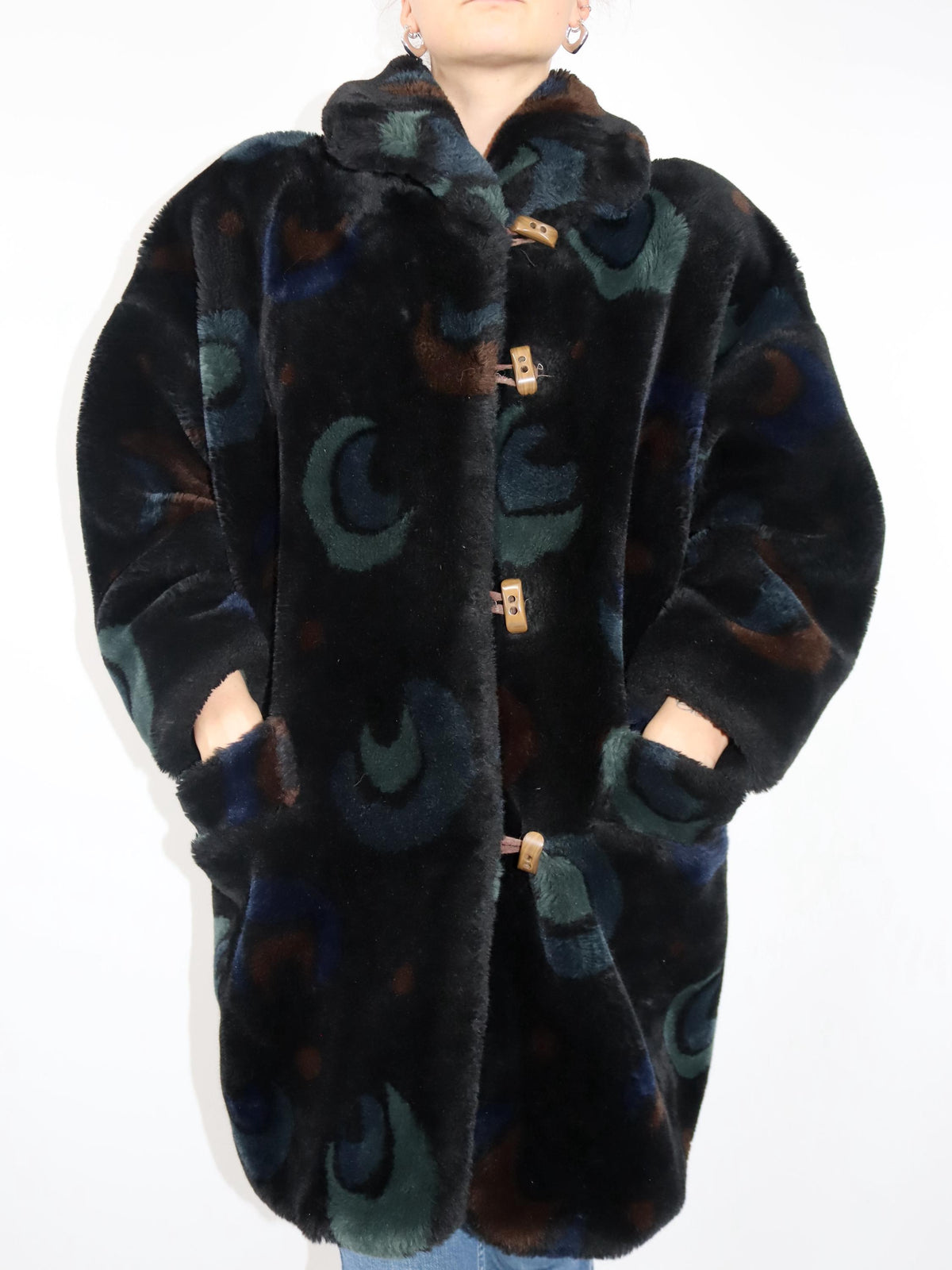 Vintage 80er 90er SKILA Faux Für Mantel gefüttert Jacke Wintermantel crazy pattern 40