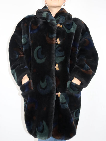Vintage 80er 90er SKILA Faux Für Mantel gefüttert Jacke Wintermantel crazy pattern 40