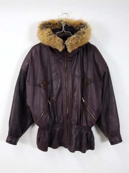Vintage 80er 90er Lederjacke lila tailliert Kapuze Fellkragen Schulterpolster 38