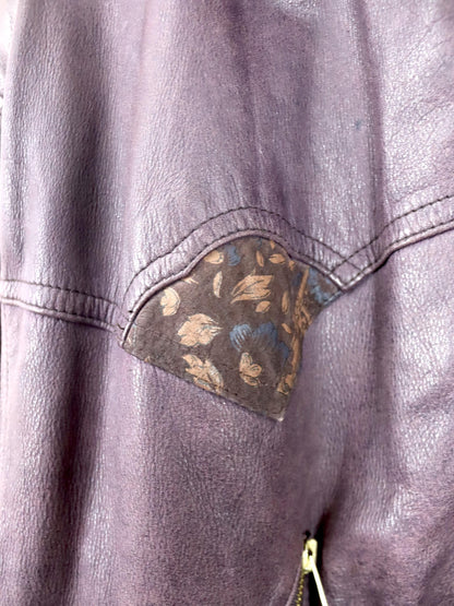 Vintage 80er 90er Lederjacke lila tailliert Kapuze Fellkragen Schulterpolster 38