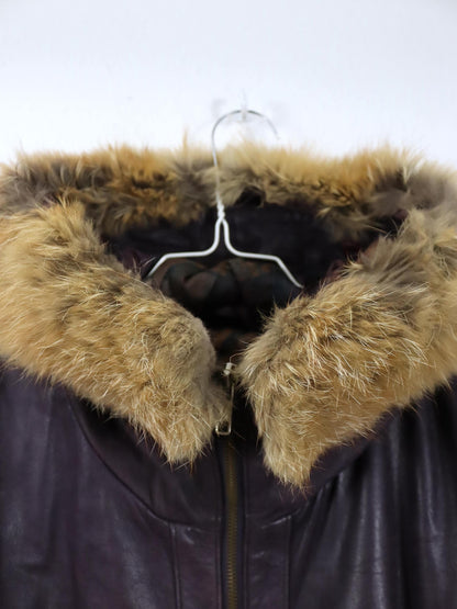 Vintage 80er 90er Lederjacke lila tailliert Kapuze Fellkragen Schulterpolster 38