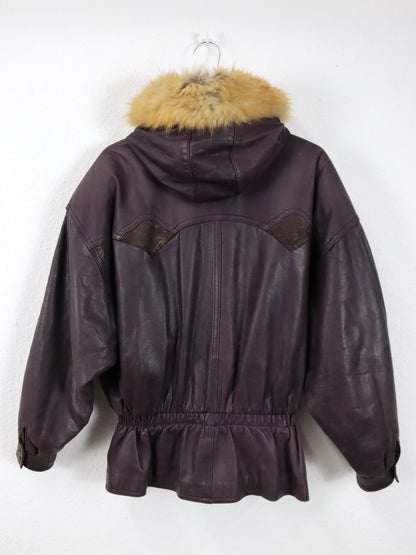 Vintage 80er 90er Lederjacke lila tailliert Kapuze Fellkragen Schulterpolster 38
