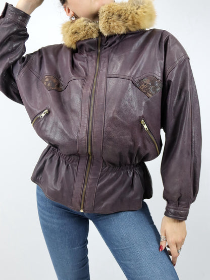 Vintage 80er 90er Lederjacke lila tailliert Kapuze Fellkragen Schulterpolster 38