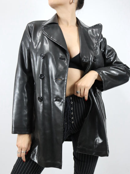 Vintage 80er 90er YOUNG FASHION Mantel Jacke Kunstleder Doppelreihe Kragen glänzend 38