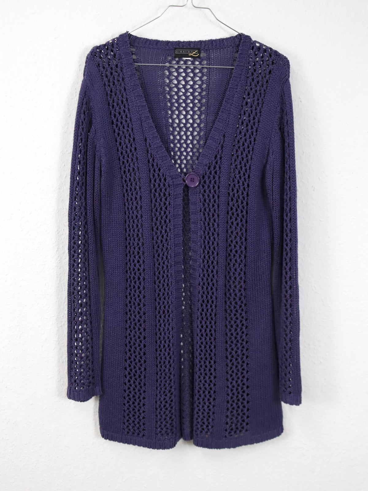 Vintage 90er 00er Y2k CREATION Cardigan Lila gehäkelt lang Strickjacke 40