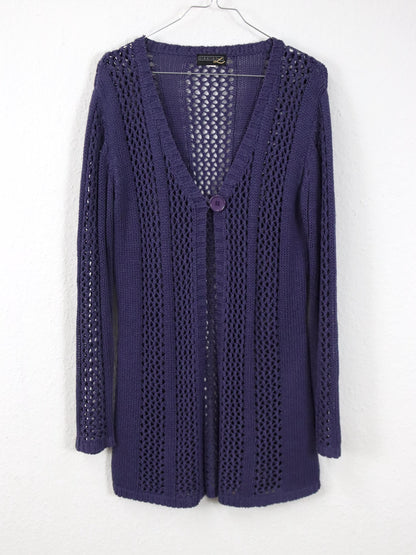 Vintage 90er 00er Y2k CREATION Cardigan Lila gehäkelt lang Strickjacke 40